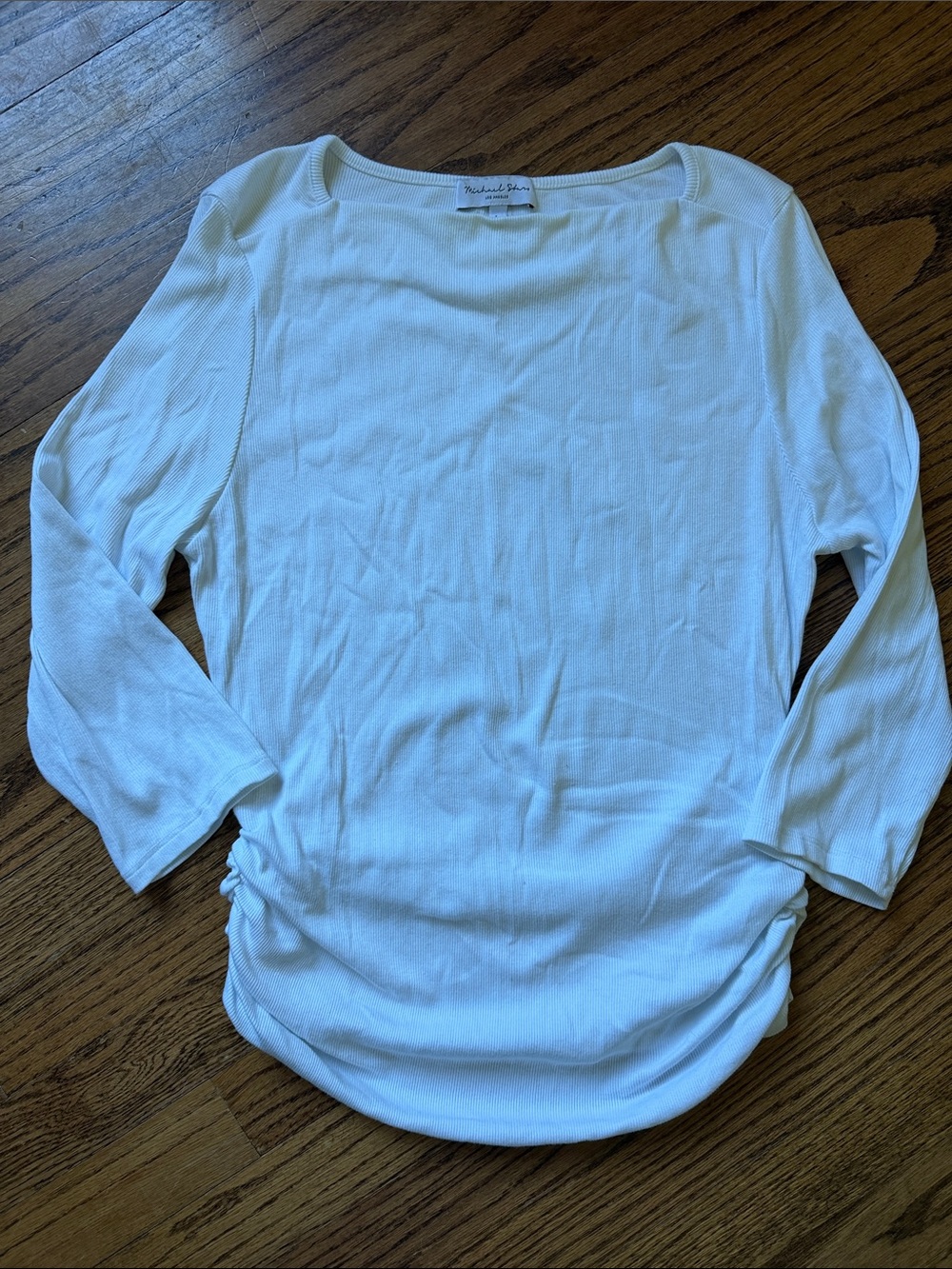 Michael Stars White Boatneck 3/4 Sleeve Ruched Hem Top